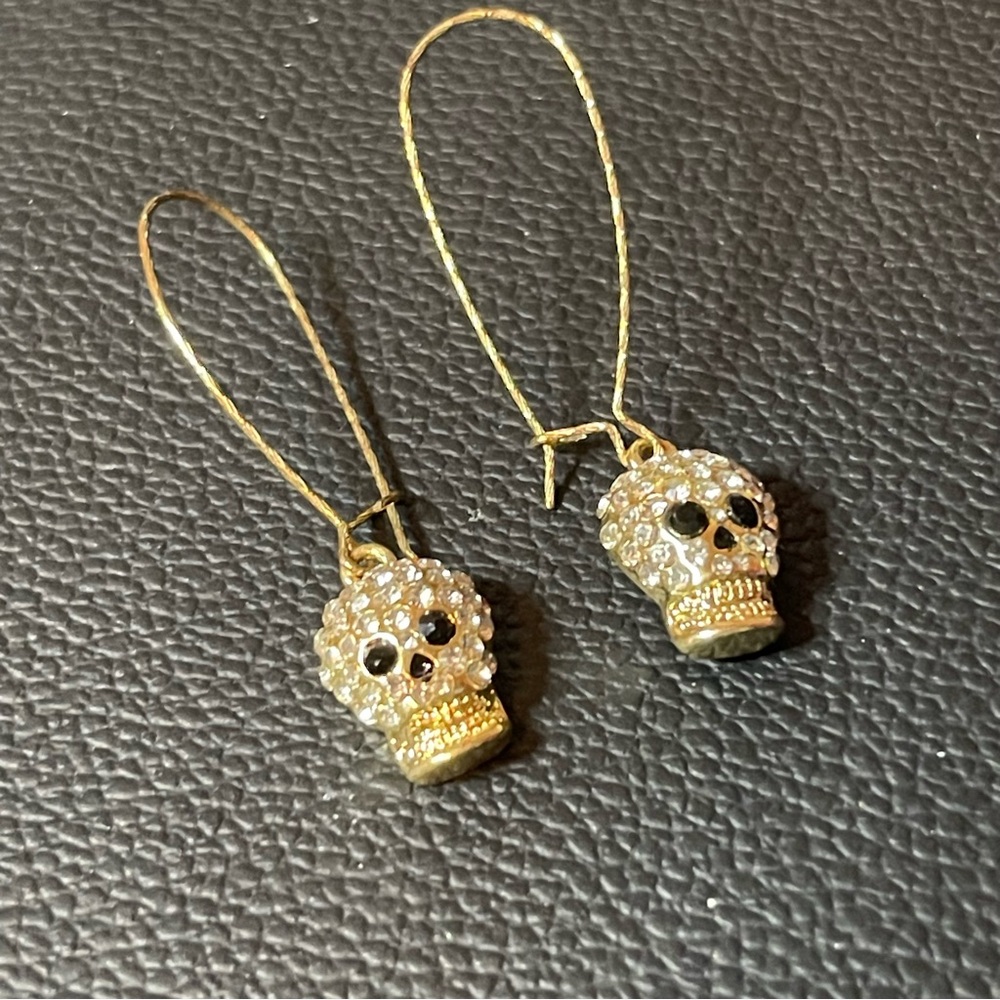 Gold Skull Earrings with Crystal Accents